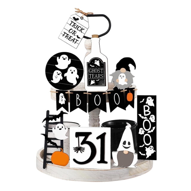 Set de 9 Piezas de Decoración de Bandejas Escalonadas para Halloween. Lindos Letreros de Madera para Decorar La Mesa Del Hogar, La Habitación, La Cocina o Cualquier Fiesta.