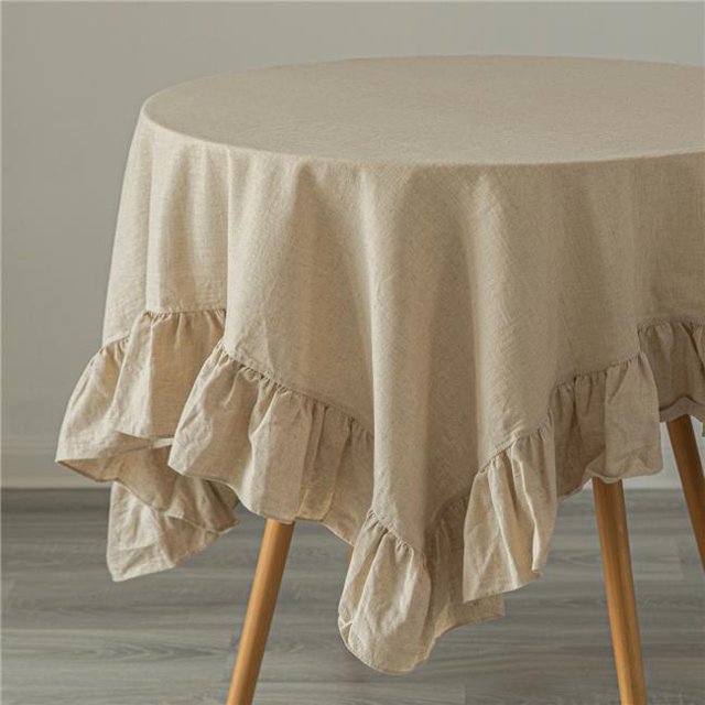 52 x 70 in. 100 Percent Pure Linen Washable Tablecloth with Ruffle Trim, Natural - Rectangle