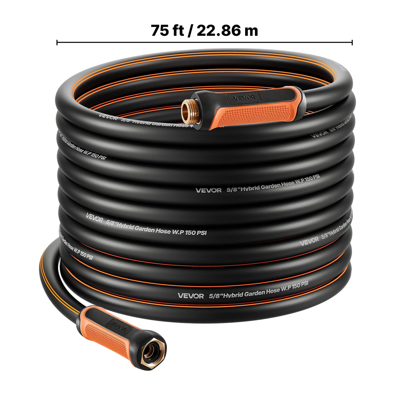 VEVOR Garden Hose, 75 ft 5/8" Heavy Duty 4-Layer Rubber Water Hose, 150PSI Working & 600PSI Burst, Flexible & Non-kink Outdoor Waterhose with 3/4" Fitting, Lightweight Hoses for Gardening Cleaning
