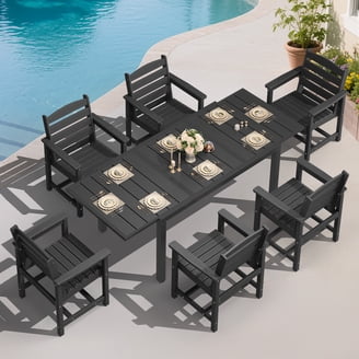 largo 7 piece outdoor patio dining set with umbrella MFSTUDIO 7pcs Table and Chairs,60 Rectangular w/ Hole Featuring swivel chairs with SEAT CUSHIONS and WAIST PILLOWS for added comfort Largo 5PC Dining Set w/