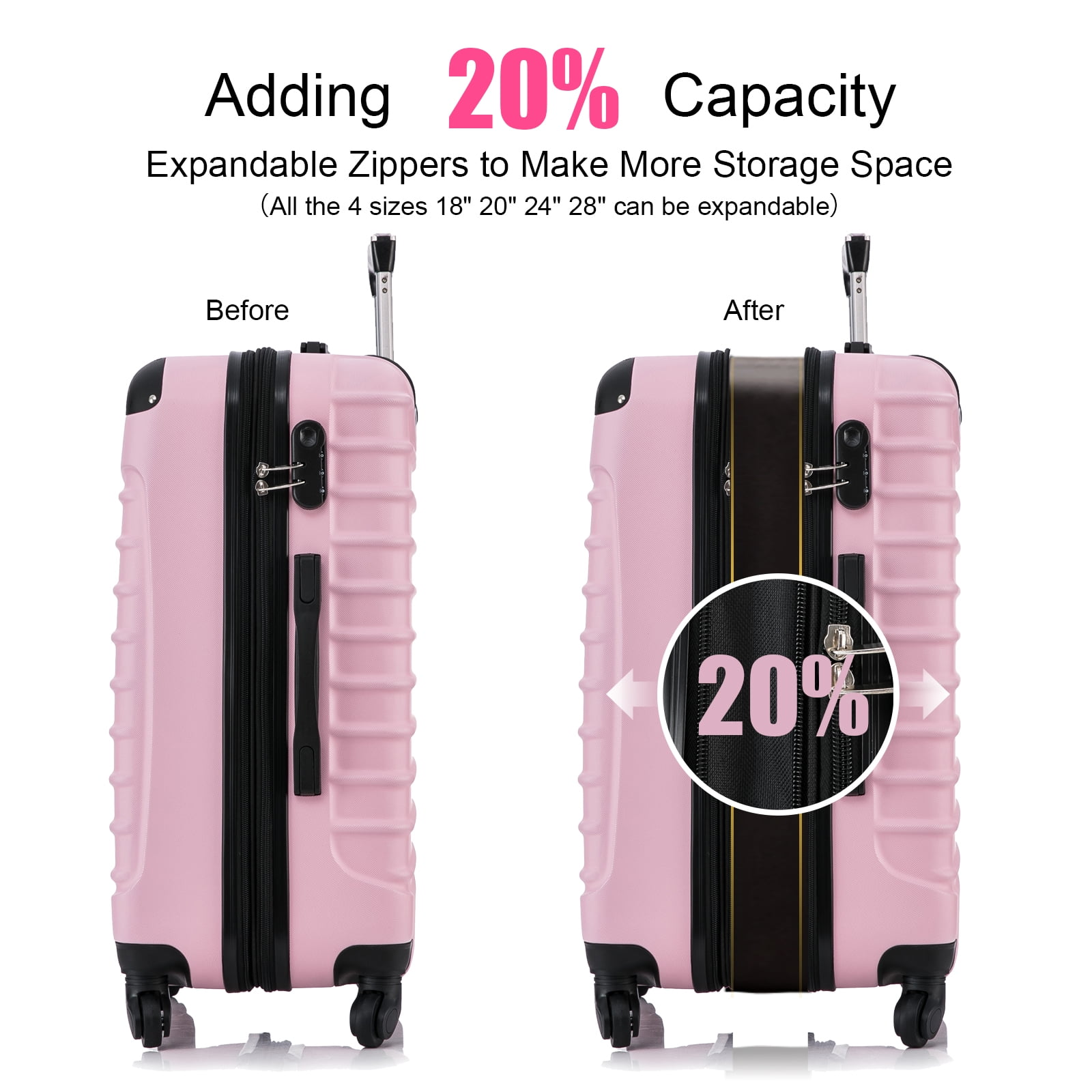 Adjustable Handle Hard Shell Suitcase 36L - Light Pink | Carry-On