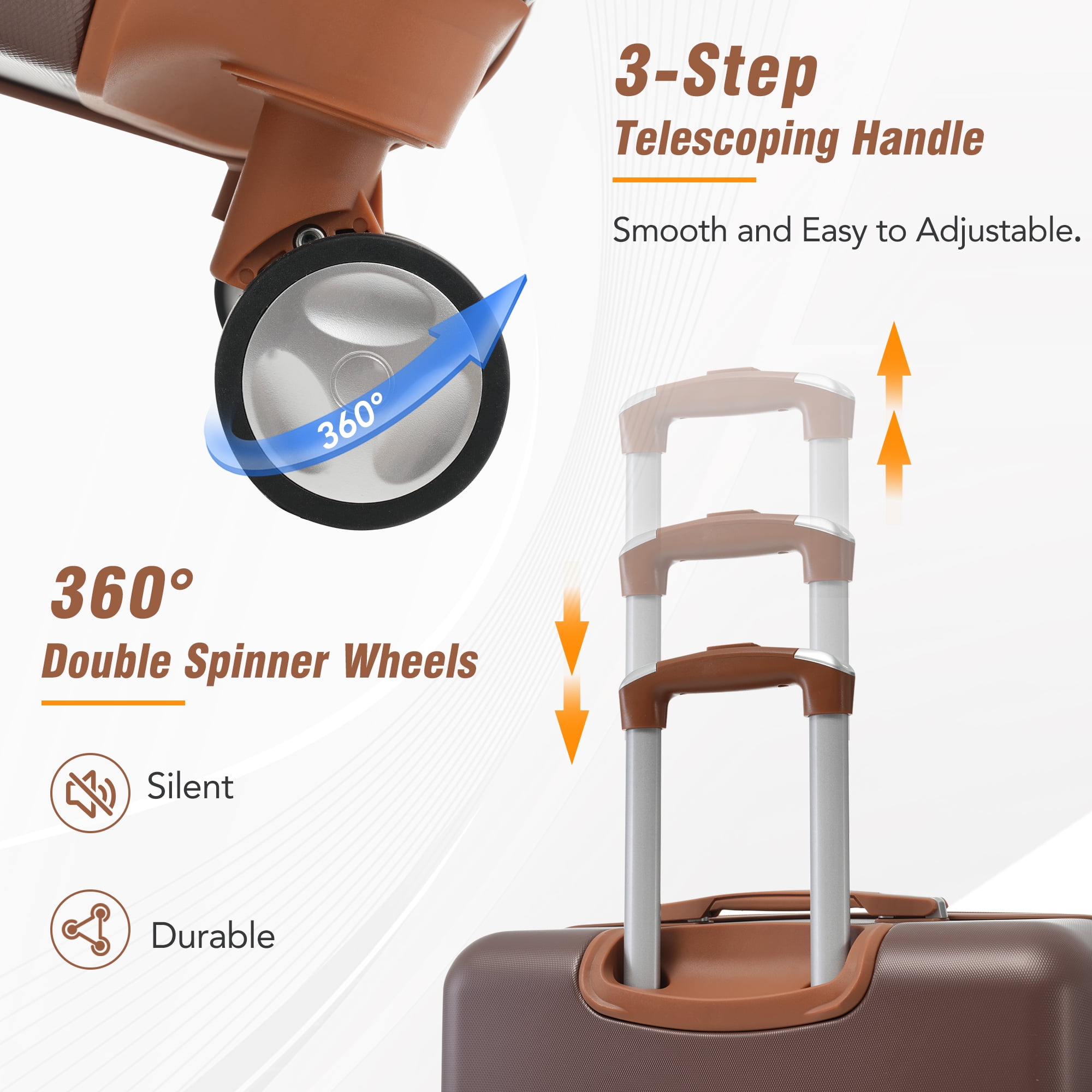 MAYEERTY Vintage 3-Piece Luggage Set: 20"+ Expandable 24" Hardside Suitcase + Cosmetic Case, TSA Lock & Spinner Wheels, Brown