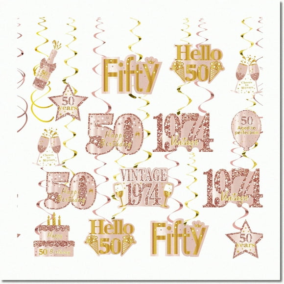 Golden Memories 50th Birthday Celebration Swirls - Elegant Rose Gold Hanging Decorations for Women, Vintage 1974 F Party Supplies - Delightful Fifty Year Old Ceiling Decor