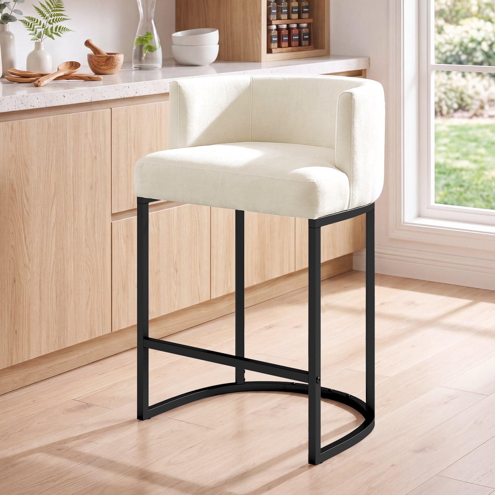 RIAFUN Upholstered Curved Back Counter Stool, Modern Chenille Bar Stool with Black Metal Frame for Kitchen Island, Home Bar, Beige
