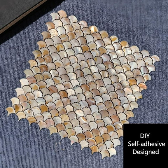 Sinkoo Natural Mother of Pearl Wall Tiles, Peel and Stick Brown 12"x12", Mosaic Shell Backsplash Sticker for Kitchen, Bedroom and Bathroom(Scales Shape)