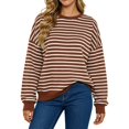 thumbnail image 3 of Arlun Womens Striped Oversized Sweatshirts Trendy Color Block Crew Neck Long Sleeve Casual Loose Pullover Top Comfort Drop Shoulder Fashion Fall Vacation Hoodless Sweatshirt 1-Coffee XL, 3 of 5
