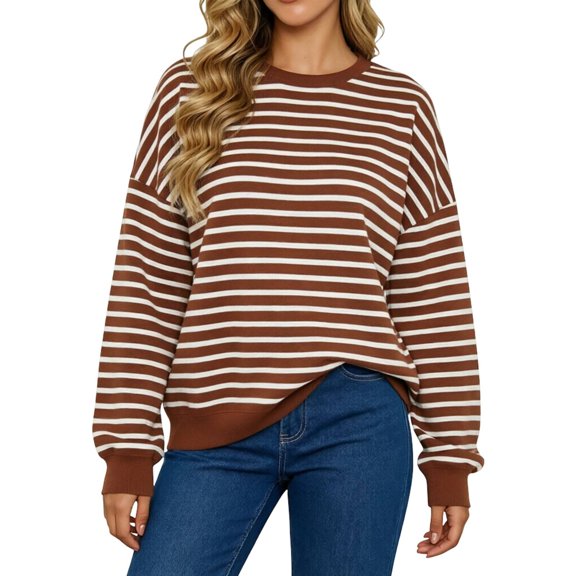 Women's Striped Crewneck Sweatshirt Oversized Long Sleeve Pullover Hoodless Casual Fall Top