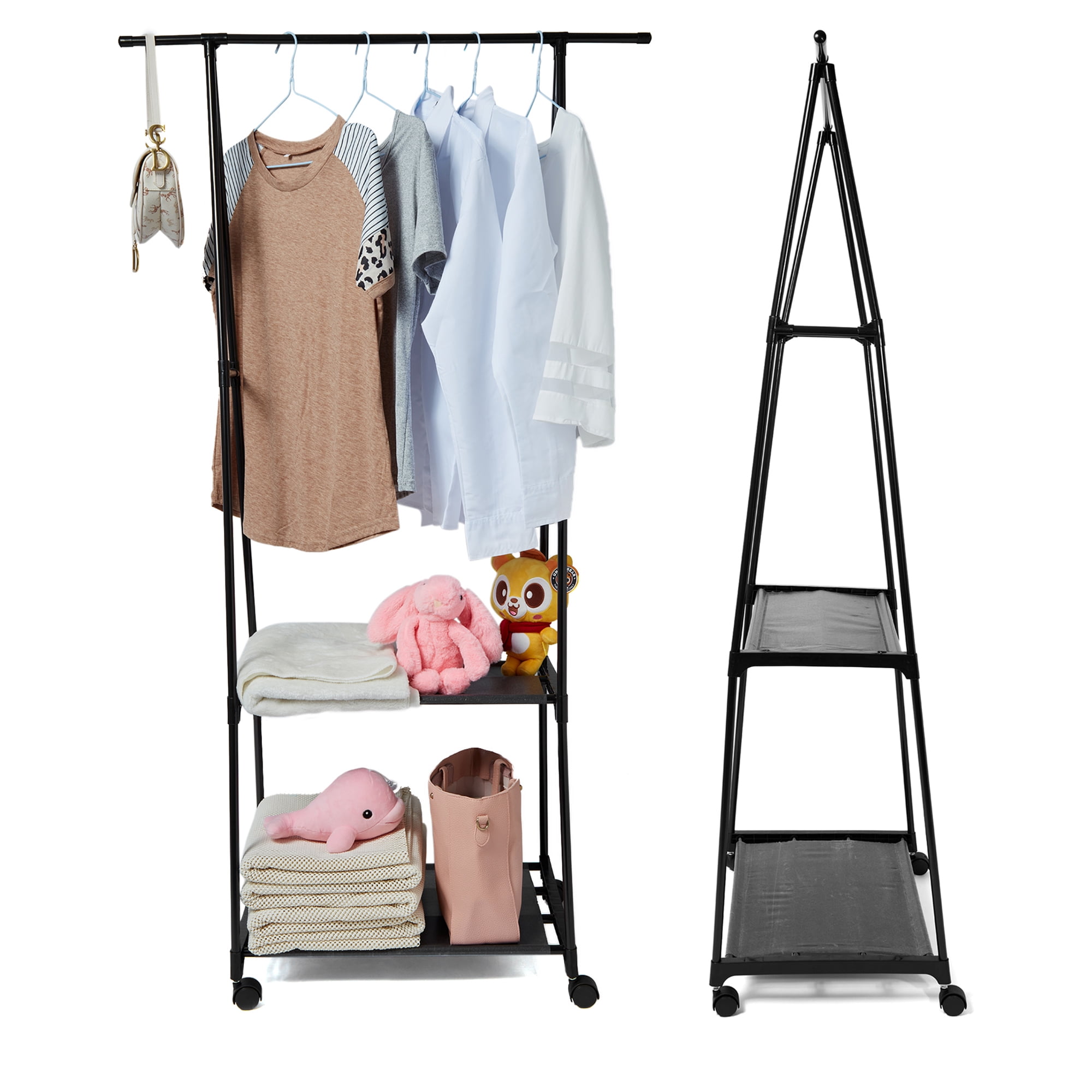 Rolling Garment Laundry Rack Coat Rack Rolling Clothing Rack with 2