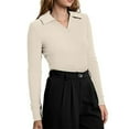 thumbnail image 5 of Womens Long Sleeve Polo Shirts Business Casual Tops Collared V Neck Ribbed Knit Tops Slim Fit Blouses Khaki M, 5 of 5