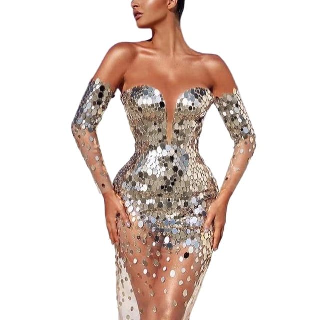 Vestido de noche ajustado con lentejuelas, hombros descubiertos y manga larga para dama