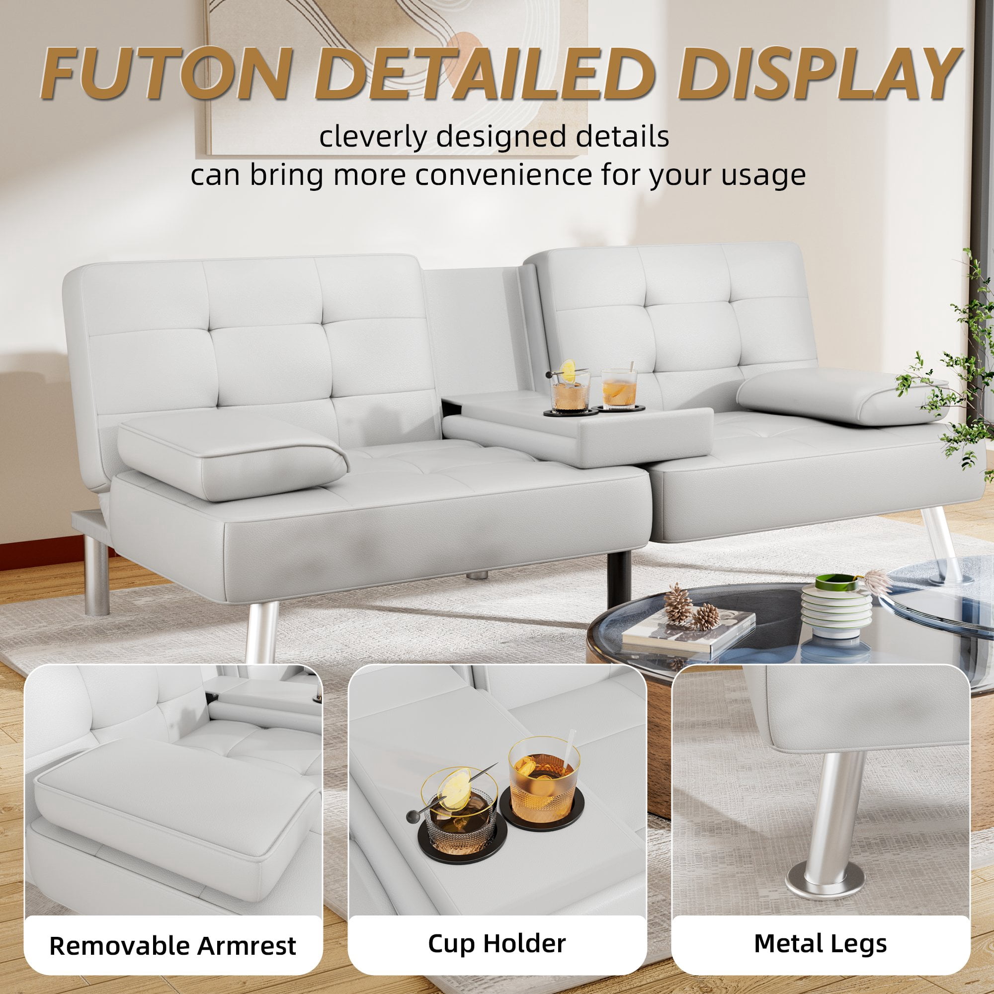 Vineego Modern Faux Leather Couch Convertible Folding Futon Sofa Bed with 2 Cup Holders,White