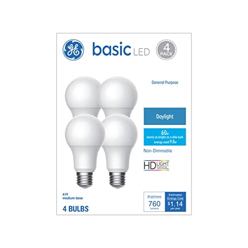 GE Basic A19 LED Light Bulbs, Daylight 60W Equivalent, 4 Pack | Energy-saving LED, 60W equivalent, daylight 5000K, A19 bas...