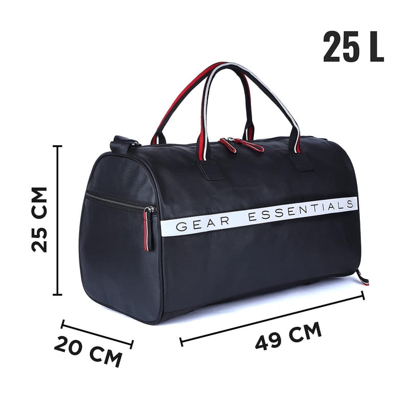 Gear Essentials 27L Faux-Leather Water Resistant Travel Duffle Bag/Gym Bag for Men/Women with Shoe Compartment (Black)