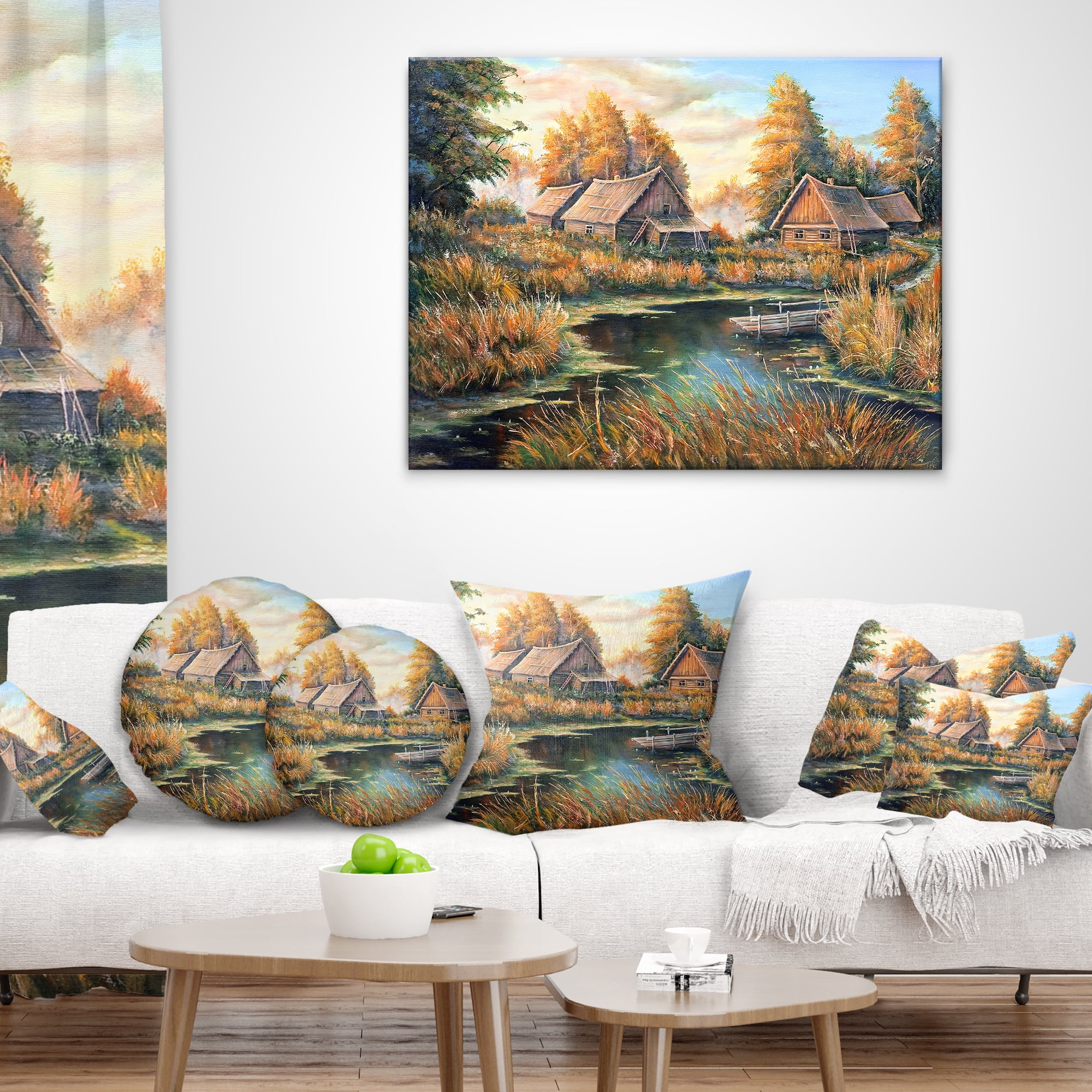 Designart Birches in Autumn Village - Landscape Printed Throw Pillow - 18x18