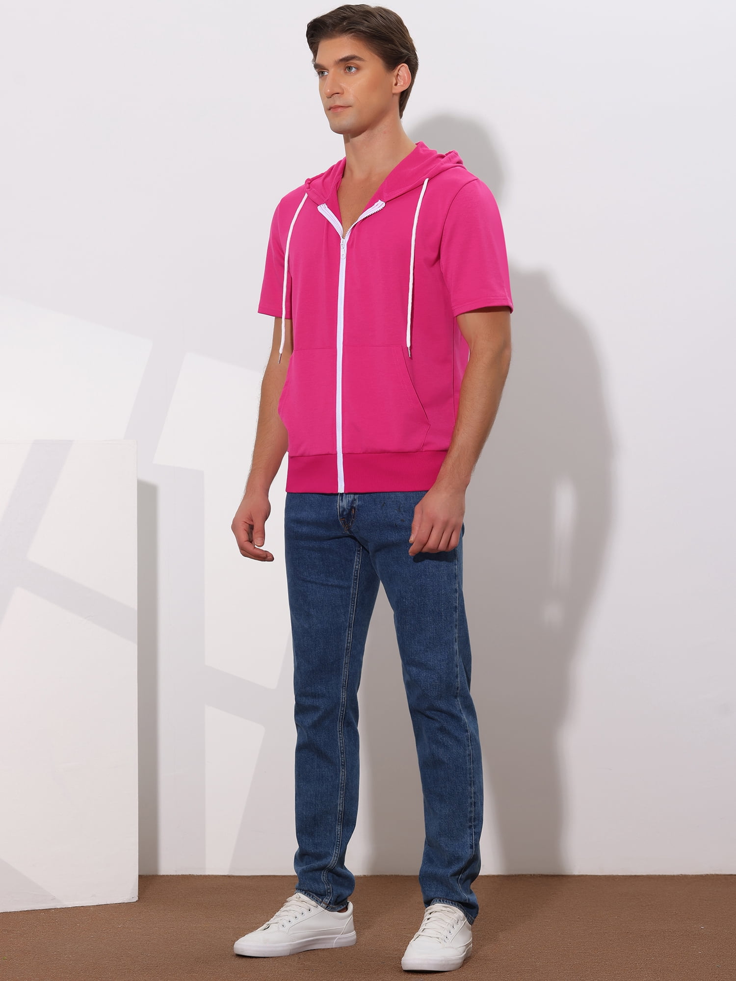 Unique Bargains Men's Short Sleeve Solid Color Zip Up Sport Hoodies L Rose Red