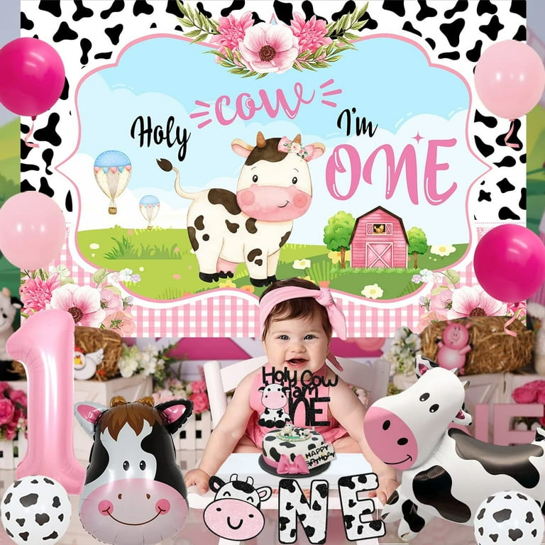 Holy Cow I'm One Cake Topper Cow Theme Happy First Birthday Cake Decor,  Kids Boy Girl's Cow One Year Old Bday Party Supplies Glitter 1ST Birthday