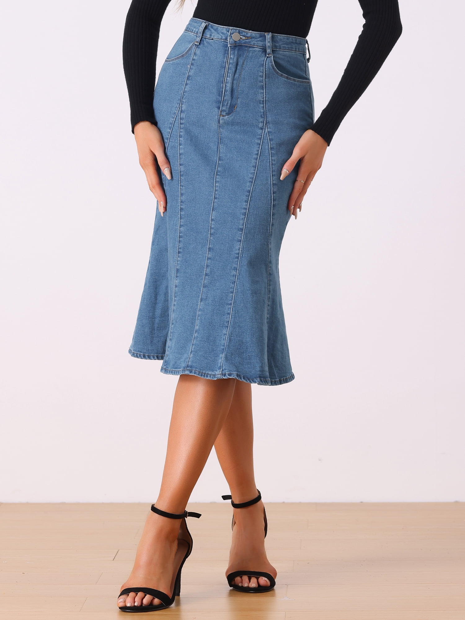DARING DIVA Women's Denim High Waist Ruffle Fishtail Bodycon Midi Skirts M Sky Blue