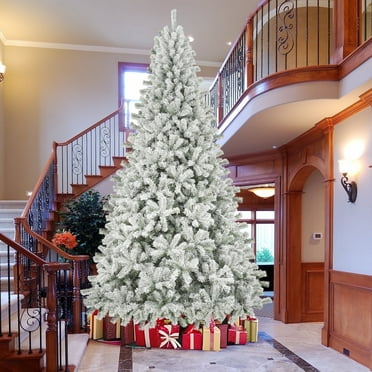 9ft Snow Flocked Christmas Tree with 2028 Tips, Artificial Snowy Xmas Pine Tree with Reinforced Metal Base for Home Office Party Holiday Decorations ,White(NO light)