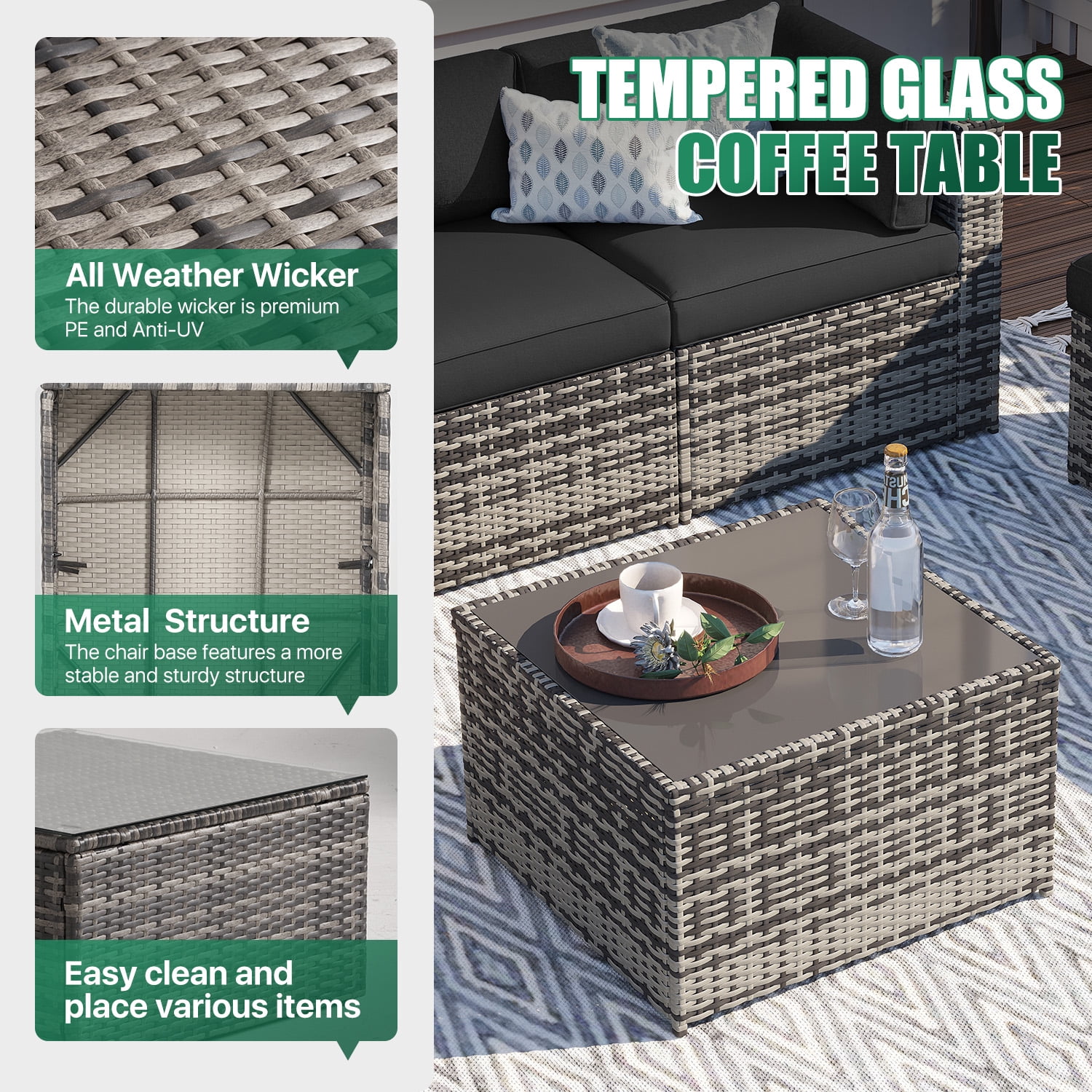 LazySunsets 7 Piece Outdoor Patio Furniture Set, Wicker Rattan Patio Sectional Sofa Set, Black