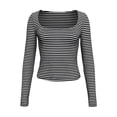 thumbnail image 5 of Arlun Striped Long Sleeve T Shirts for Women Square Neck Stretchy Tight Cropped Tops Casual Going out Basic Tee Lightweight Soft Comfort Versatile for Daily Wear 1-Black XS, 5 of 5
