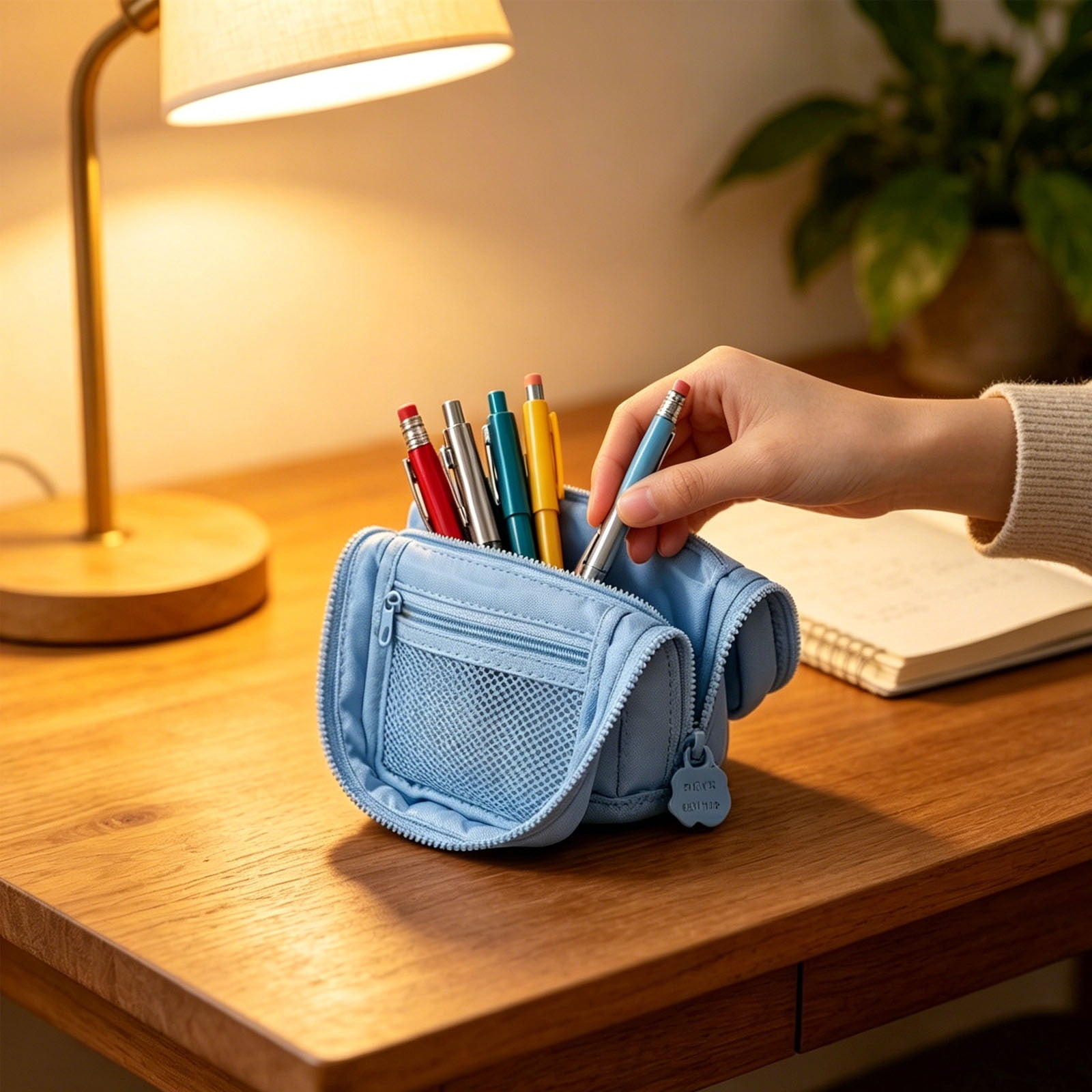 Roiihwy Standing Pencil Case Pouch with Multi Compartments, Large Capacity Pencil Bags with Zipper for Supplies and Office Organization(Light Blue)