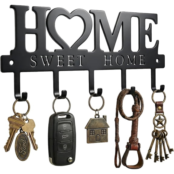 Entryway Wall Key Holder with 5 Hooks, Metal Key Rack Wall Mount for Keys, Bags and Leashes, Decorative Organizer for Entryway, Mudroom or Hallway, Sweet Home Design, 9.8 inches, Black