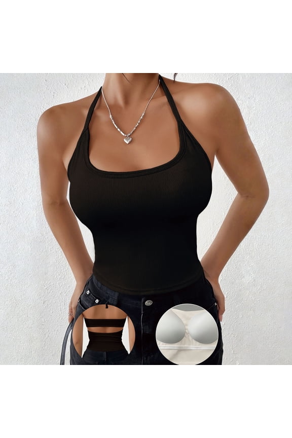 Women's Halter Neck Tank Top, Solid Color Backless Knit Vest with Built-In Bra, Chic & Stylish Sleeveless Top for Summer, Going Out, and Layered Outfits-Black