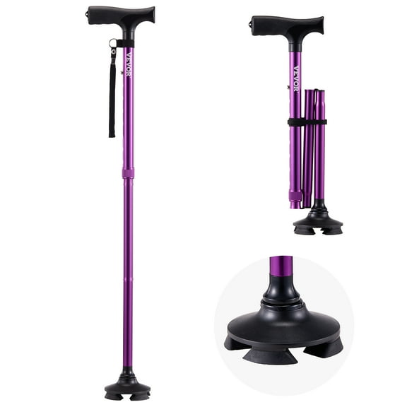 VEVOR Walking Cane for Man Woman, Folding Walking Stick with 8-Level Adjustable Height, 4-Pronged Pivoting Base, Lightweight & Portable Aluminum Mobility Aid for Senior Adults, 250LBS Loading(Purple)