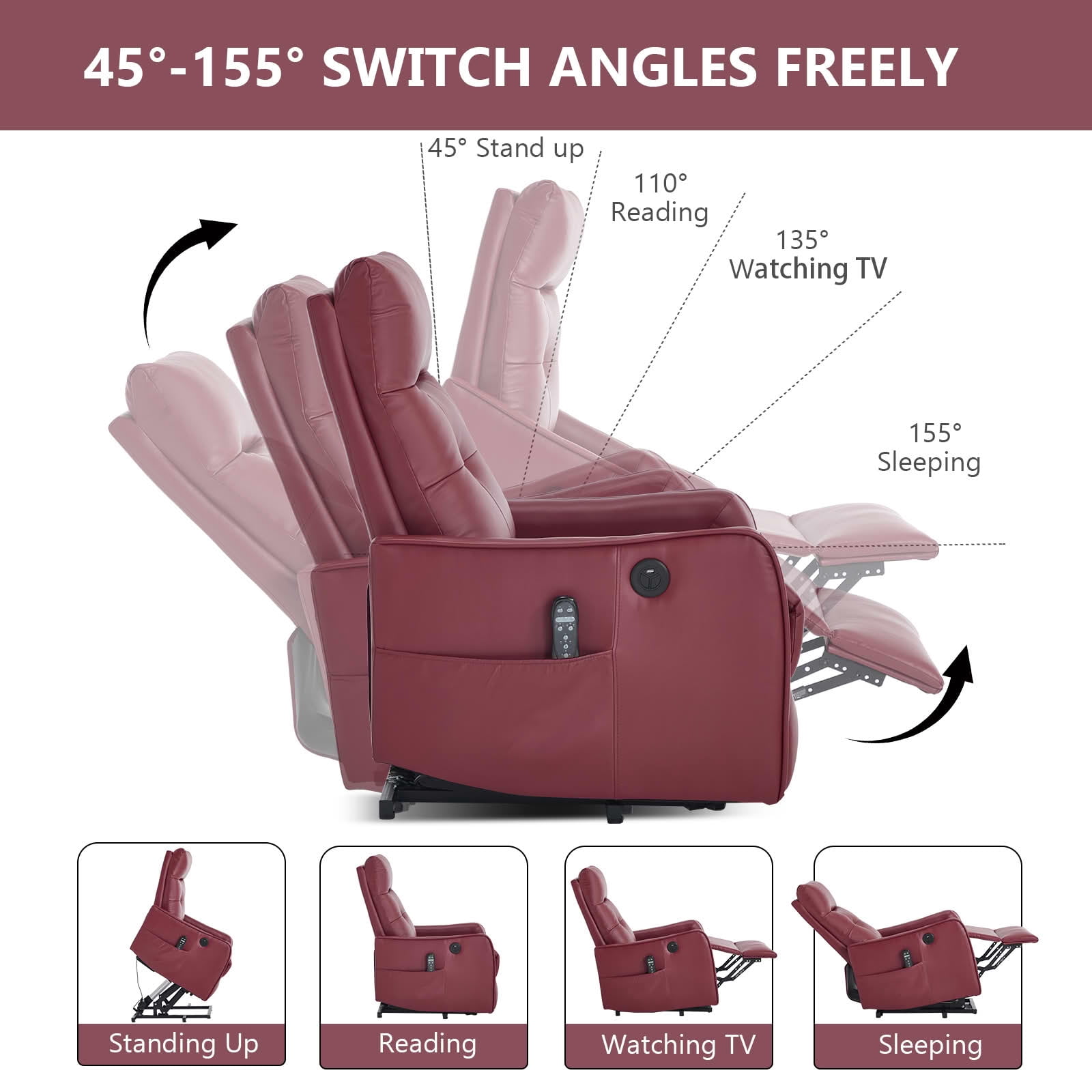 MAYEERTY Red Single Motor Power Lift Recliner Chair, 155° Recline PU Massage Heat Chair with USB for Elderly Living Room