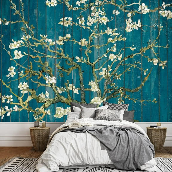 wall26 -"Almond Blossom by Vincent Van Gogh - Floral Painting on a Vibrant Teal Wood Paneled Background - Wall Mural, Removable Sticker, Home Decor - 66x96 inches