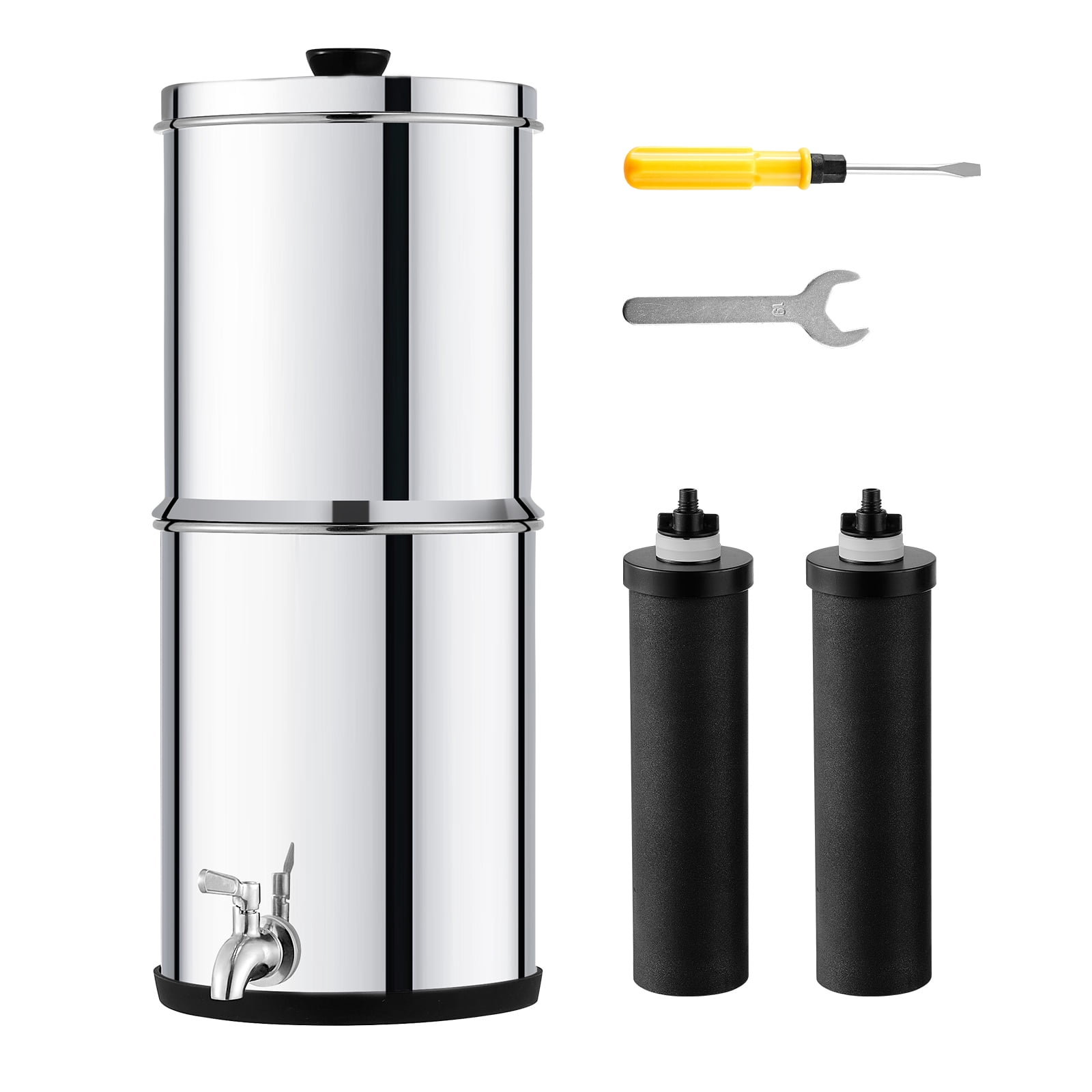 KFFKFF Water Purification Unit, Gravity-Driven, 1.5G 304 Stainless-Steel Tabletop Design, Water Purifier, Minimizes Lead and Eliminates up to 99% of Chlorine, Includes 2 Carbon Filters & Faucet