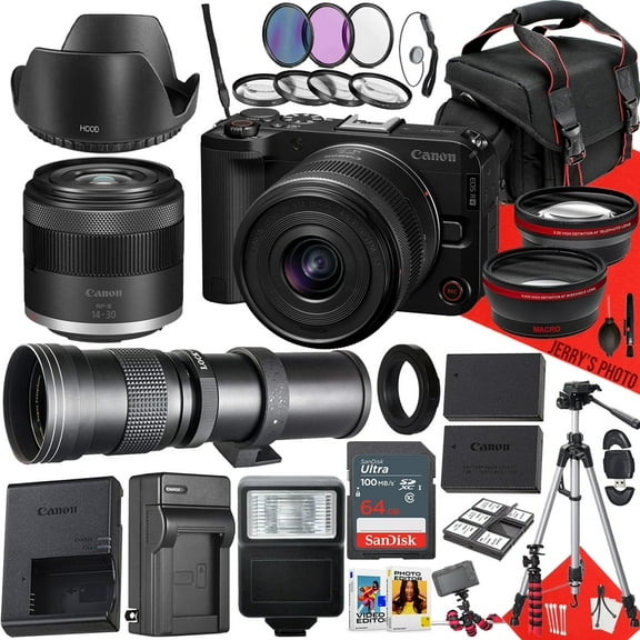 Canon EOS R50 V Mirrorless Camera with RF-S 14-30mm f/4-6.3 is STM PZ and 420-800mm f/8.3 HD Telephoto Zoom Lens   64 GB Memory   Filters   Tripod   More (30pc Bundle)