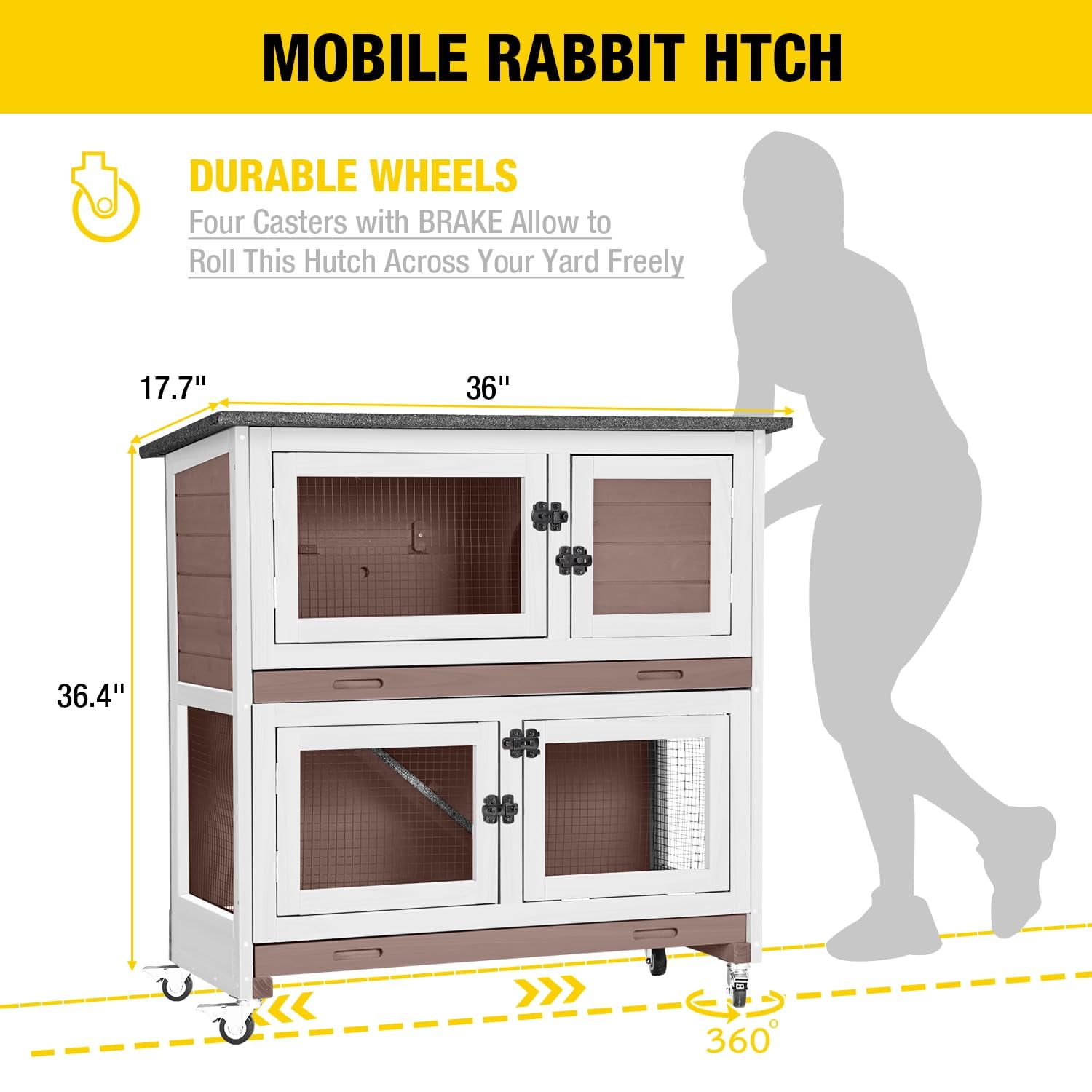 AIVITUVIN Wooden Rabbit Hutch Indoor Outdoor Rabbit Cage with Two Removable Trays Bunny Cage on Wheels Pet House Guinea Pig Cage 2 Story (Brown)