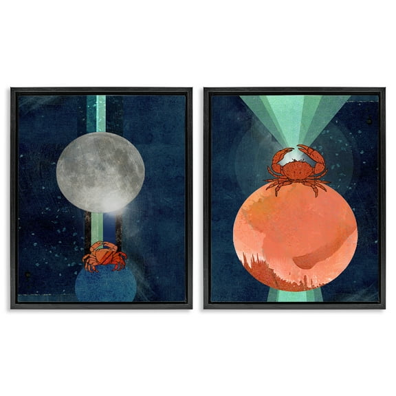Stupell Industries Crab Orbs Light Rays Nautical & Beach Painting Black Floater Framed Canvas Art Print Wall Art, 17 x 21, Set of 2