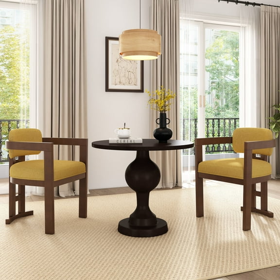 GDF Studio Elegant 3-Piece Dining Set, Aluminium Round Table and Solid Wood Upholstered Chairs, Yellow Walnut Beige