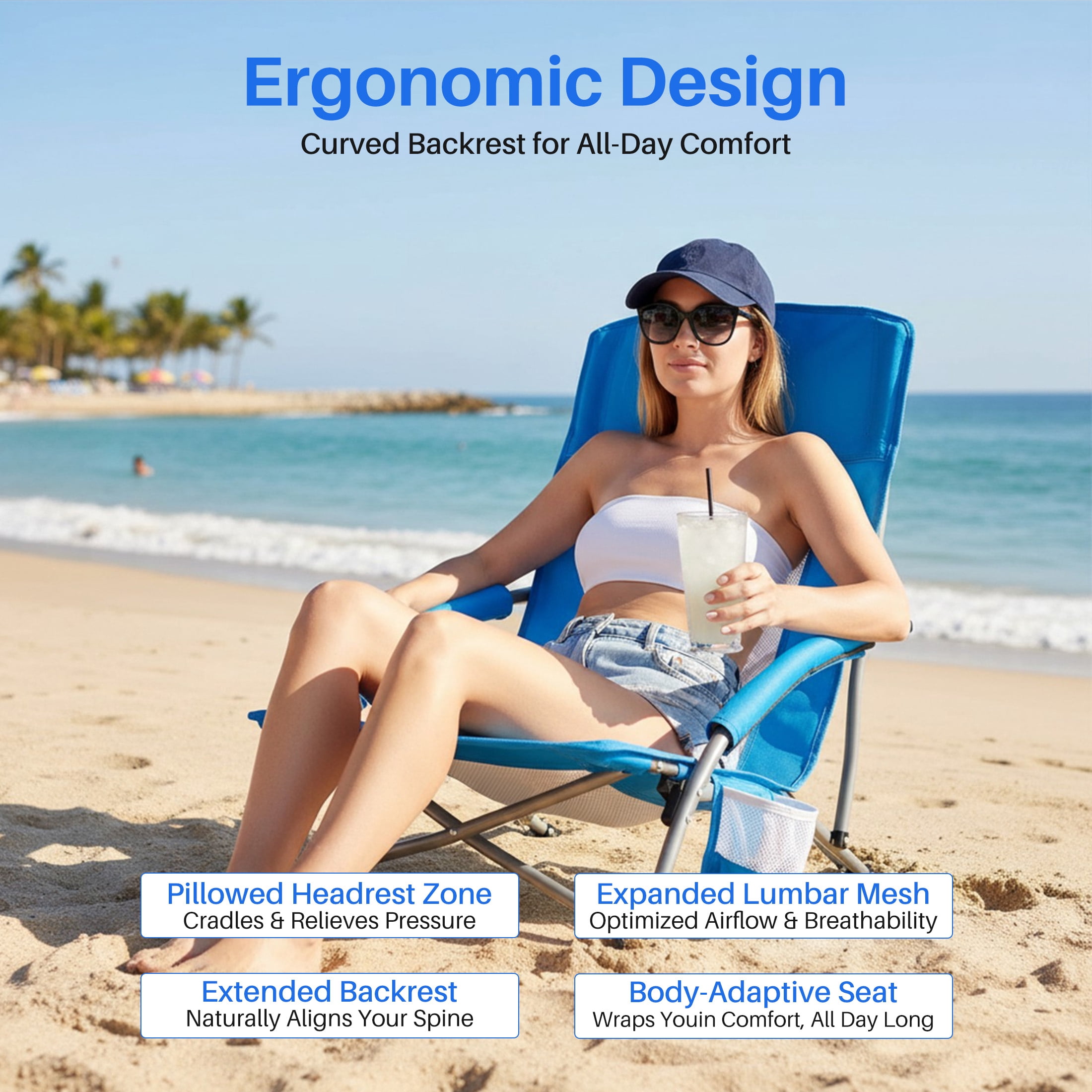 EDX Low Profile Camping Chair Portable Folding Beach Chair W/ Bag - Heavy Duty Breathable for Outdoor, Blue