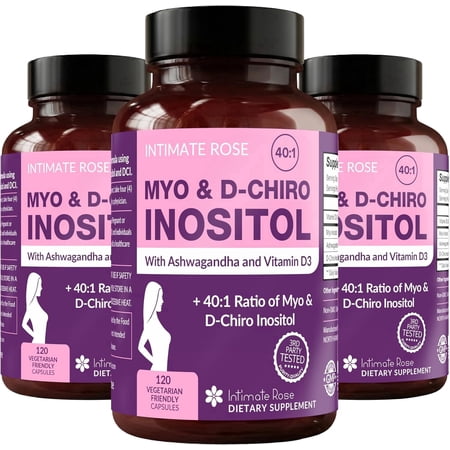 Intimate Rose Myo-Inositol and D-Chiro Inositol Supplement for Women, 40:1 Blend with Vitamin D3 and Ashwagandha, 360 Vegan Capsules (Pack of 3)