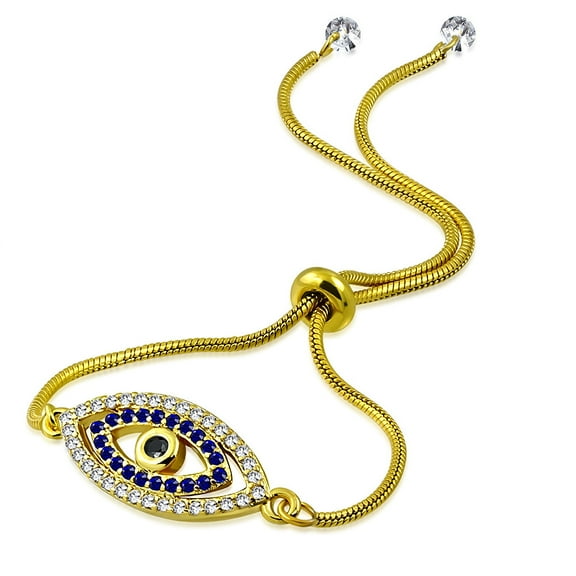 Stainless Steel Multi-Color CZ Evil Eye Protection Adjustable Snake Chain Bracelet - Yellow Gold-Tone