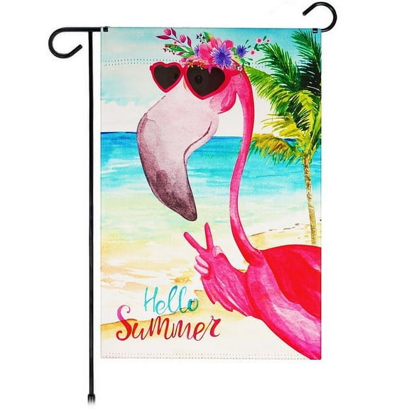 G128 Garden Flag Hello Summer Peace Sign Flamingo 12"x18"