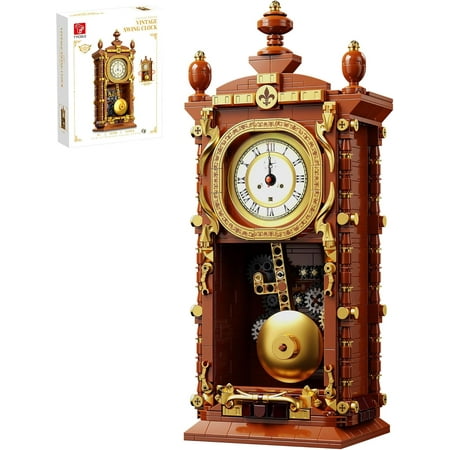 Vintage Pendulum Clock Building Block Set, Stem Toy with Real Clock Function and Linkable Mechanical Pendulum, Unique Home Decoration