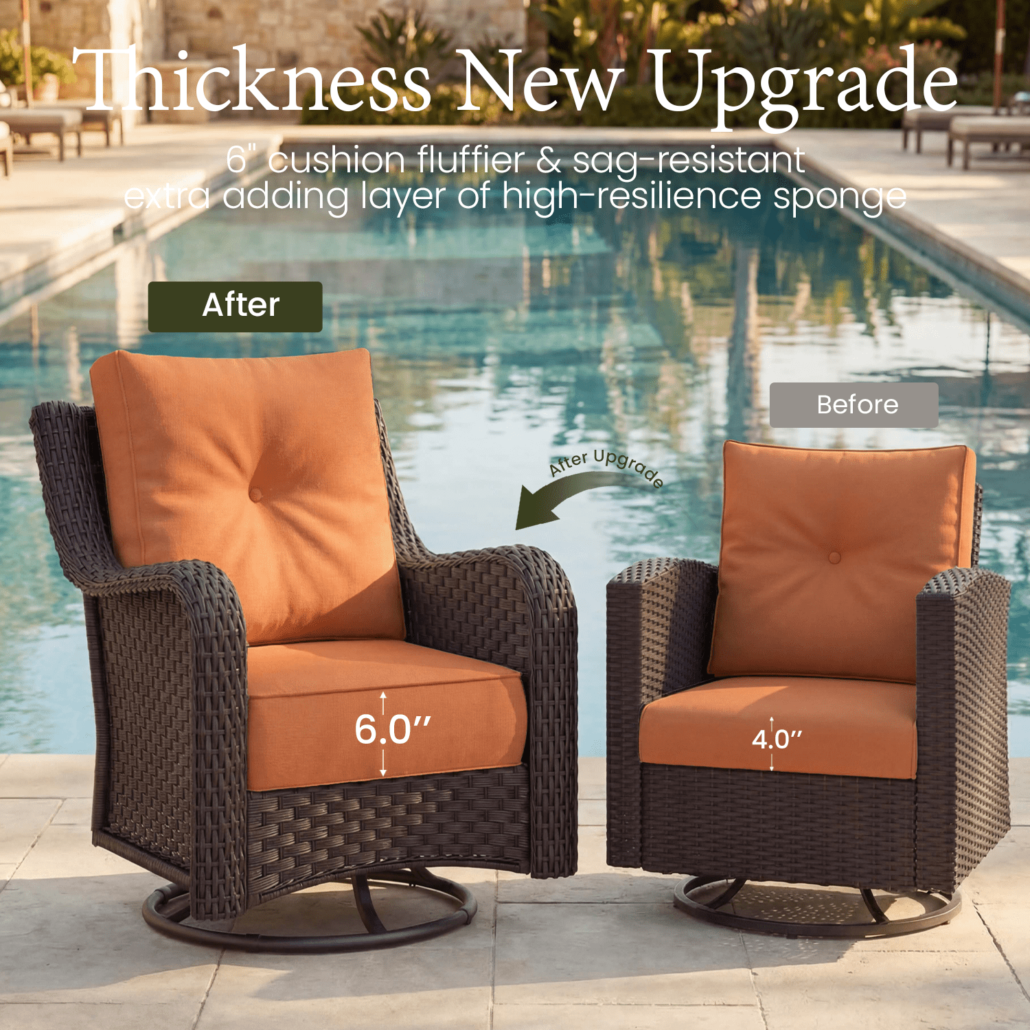 LayinSun 6 Piece Wicker Outdoor Furniture Set with 6-inch Comfy Cushions, High Back Patio Furniture Set with Swivel Rocking Chairs and Side Table