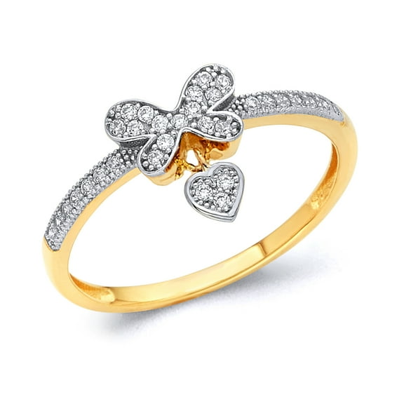 Wellingsale Ladies Solid 14k Yellow Gold Polished CZ Cubic Zirconia Micro Pave Butterfly Heart Design Right Hand Fashion Ring - Size 4