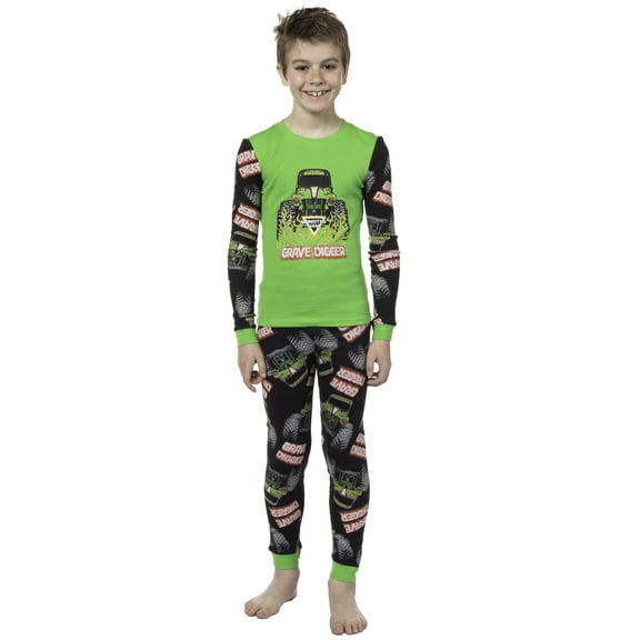 Monster Jam Boys' Truck Long Sleeve Grave Digger Tight Fit Sleep Pajama Set