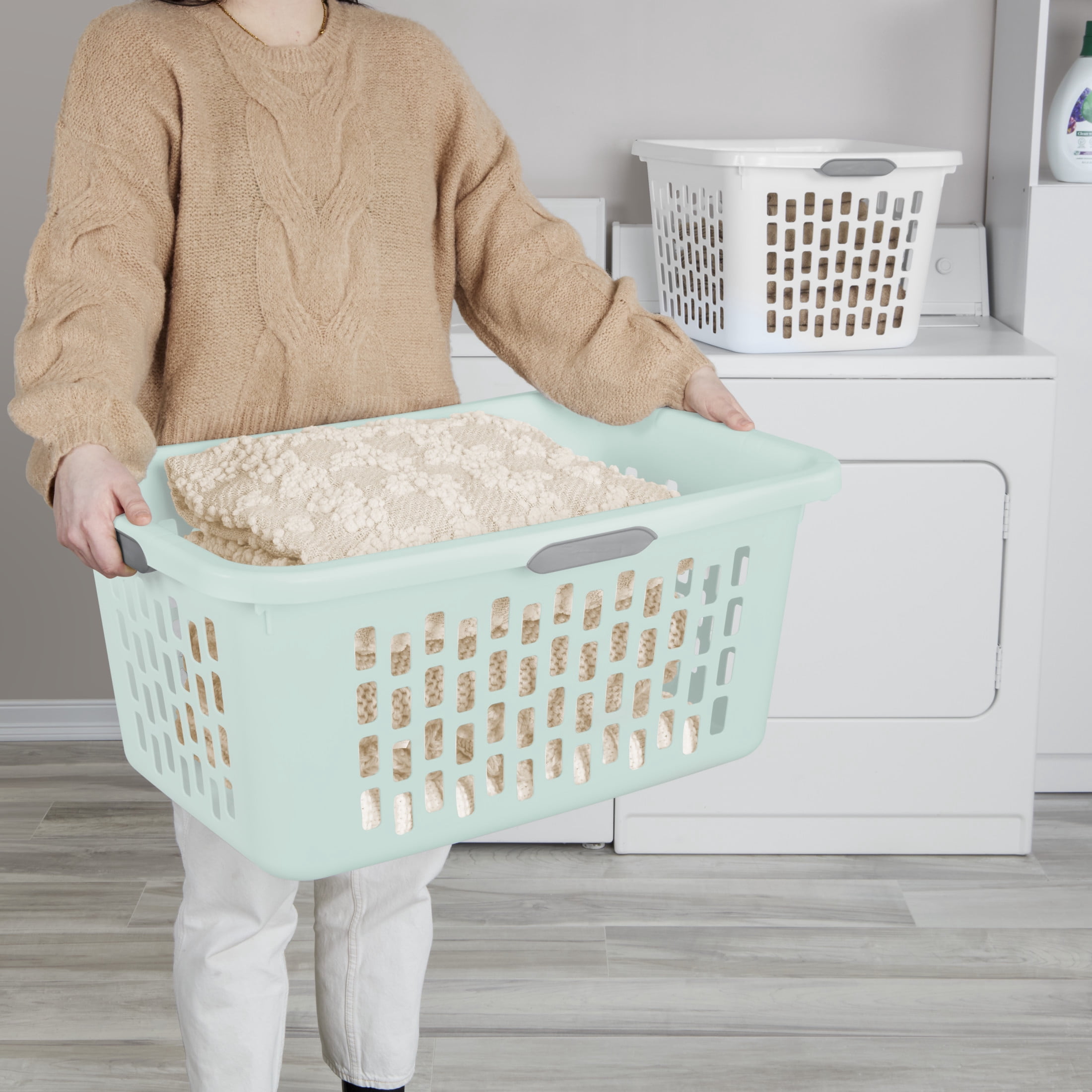 Sterilite Large 2 Bushel Plastic Laundry Basket with 4 Comfort Grip Handles, Mint, 6 Pack