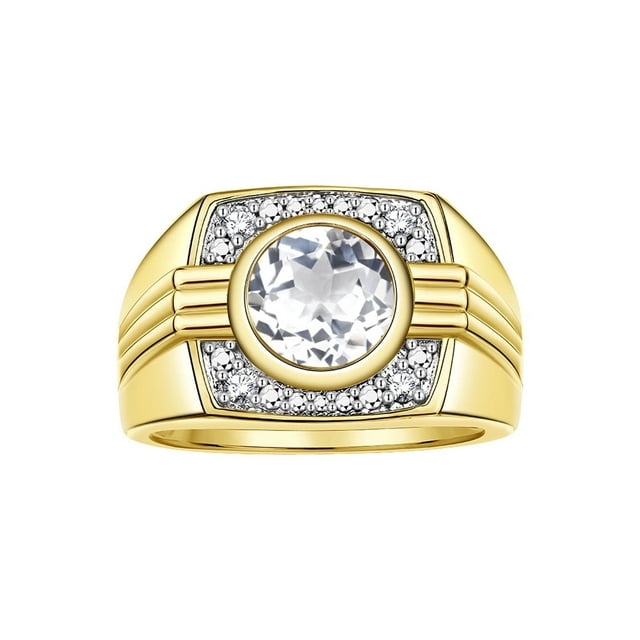 RYLOS Mens Rings Yellow Gold Plated Silver Designer Round Gemstone & Diamond Ring White Topaz April Birthstone Rings For Men, Men's Rings, Silver Rings, Sizes 8 - 13
