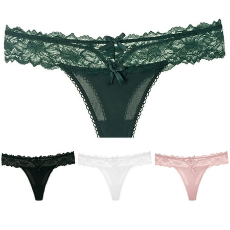 

rygai Ice Silk T-back Low-rise Solid Color See Through Lace Design Sexy Thong Women Accessory Black S