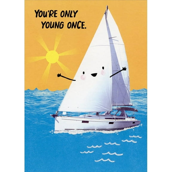 Designer Greetings White Sailboat with Smiley Face and Arms Funny / Humorous Birthday Card
