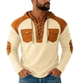 thumbnail image 2 of UVEASISHA Mens Lace Up Pullover Hoodie Patchwork Long Sleeve Waffle Knit Shirts Lightweight Casual Drawstring Hooded Top with Pockets Khaki 3XL, 2 of 9