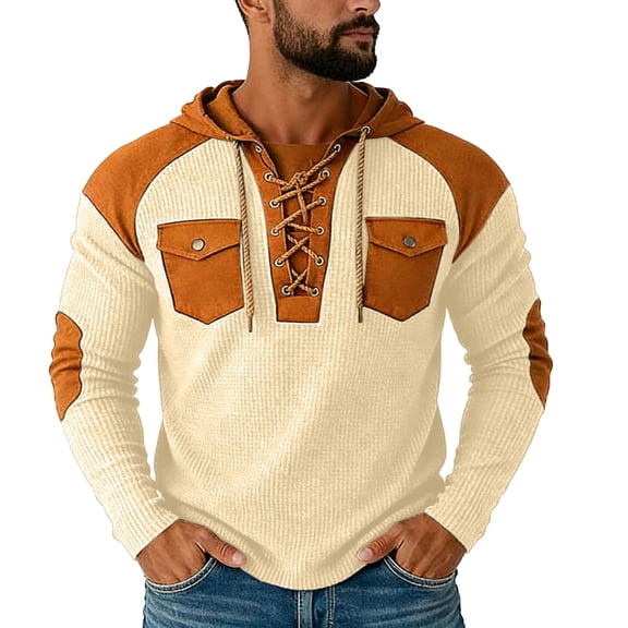 LEKWK Mens Hoodies Pullover Loose Fit Lace up Neck Sweatshirts Breathable Cargo Pockets Long Sleeve Shirts Waffle-Knit Color Block Outdoor Camping