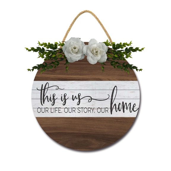 Front Door Porch Decorations This is Us Door Hanging Sign 11 inch Wooden Wall Sign, Rustic Holiday Wreath Decor for Front Door Porch Home Window Wall Farmhouse Decorations